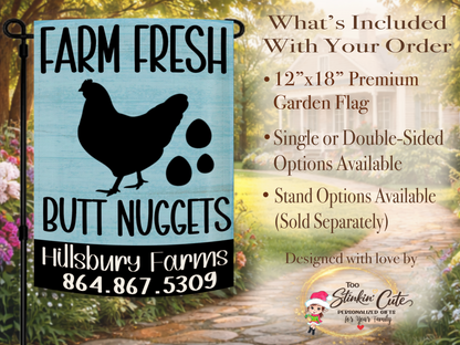 Personalized chicken coop garden flag with farm name and phone number
