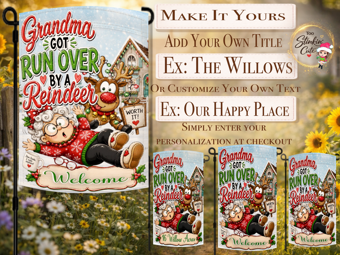 Christmas garden flag featuring grandma and reindeer artwork
