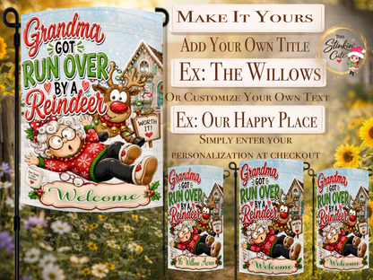 Christmas garden flag featuring grandma and reindeer artwork