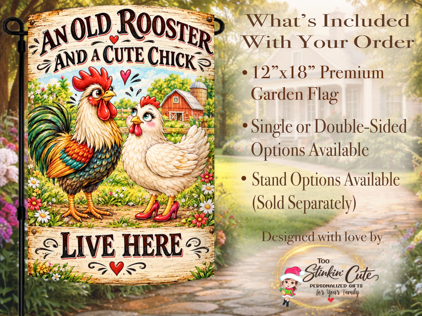 Humorous husband-and-wife garden flag featuring a handsome rooster beside a stylish white hen.