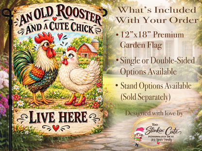 Humorous husband-and-wife garden flag featuring a handsome rooster beside a stylish white hen.