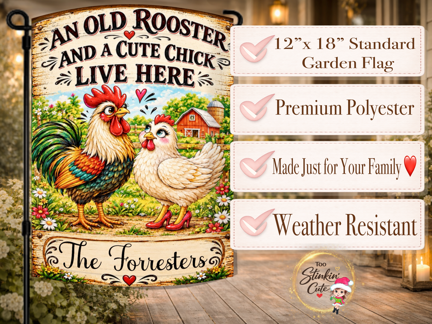 Funny husband-and-wife garden flag personalized with a surname and featuring a rooster and hen couple.