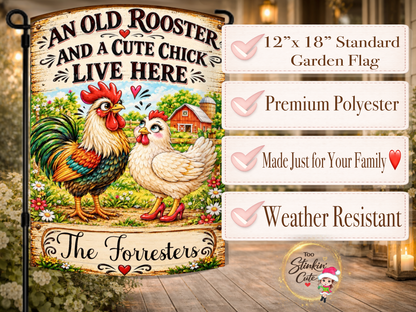 Funny husband-and-wife garden flag personalized with a surname and featuring a rooster and hen couple.