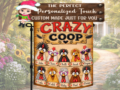 Custom backyard chicken garden flag featuring vibrant colors, high-quality printing, and weather-resistant outdoor material.