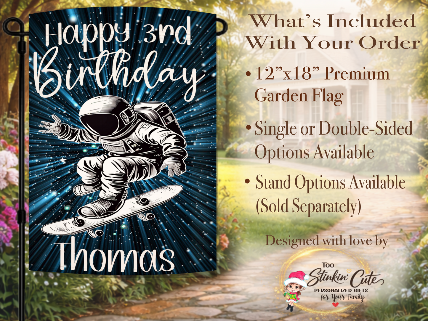 Galaxy birthday yard decoration featuring astronaut on skateboard for boys birthday party