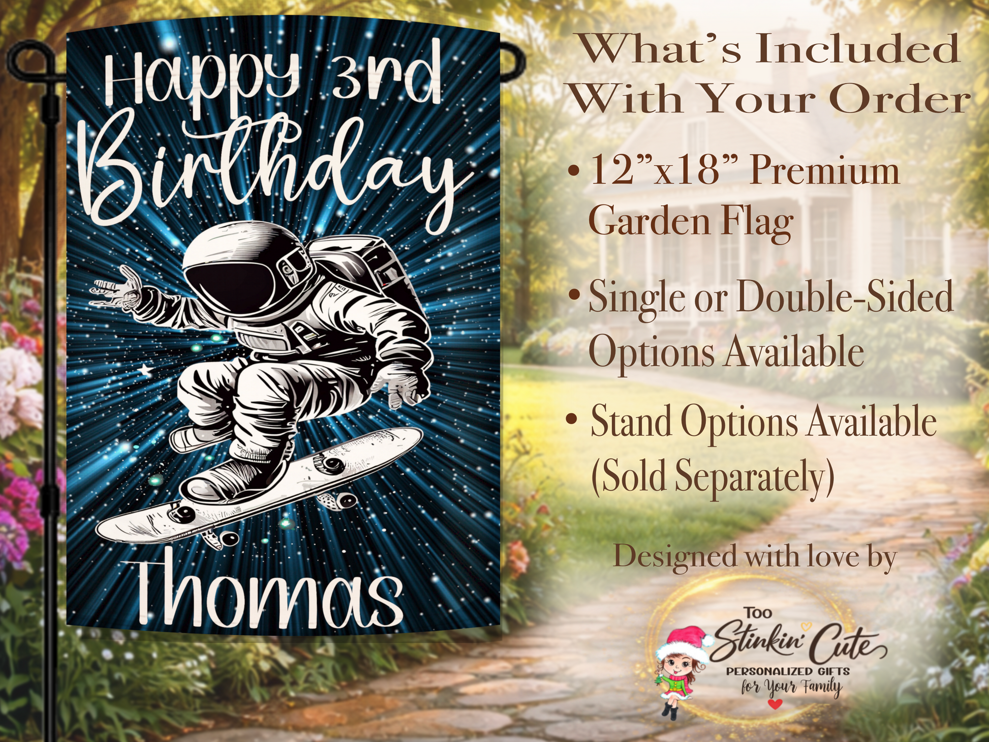 Galaxy birthday yard decoration featuring astronaut on skateboard for boys birthday party