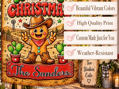 Custom family-name Christmas garden flag featuring bold red and green Howdy Christmas lettering and rustic ranch scenery.
