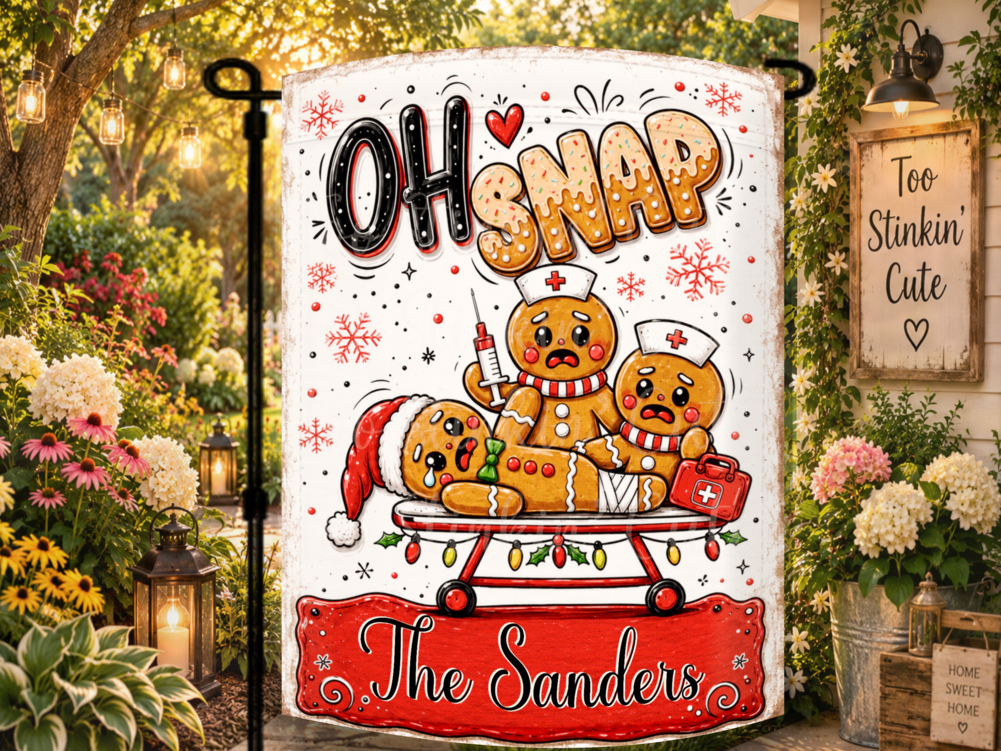 Personalized family Christmas yard flag for porches, gardens, patios, walkways, flower beds, housewarming gifts, and holiday presents.