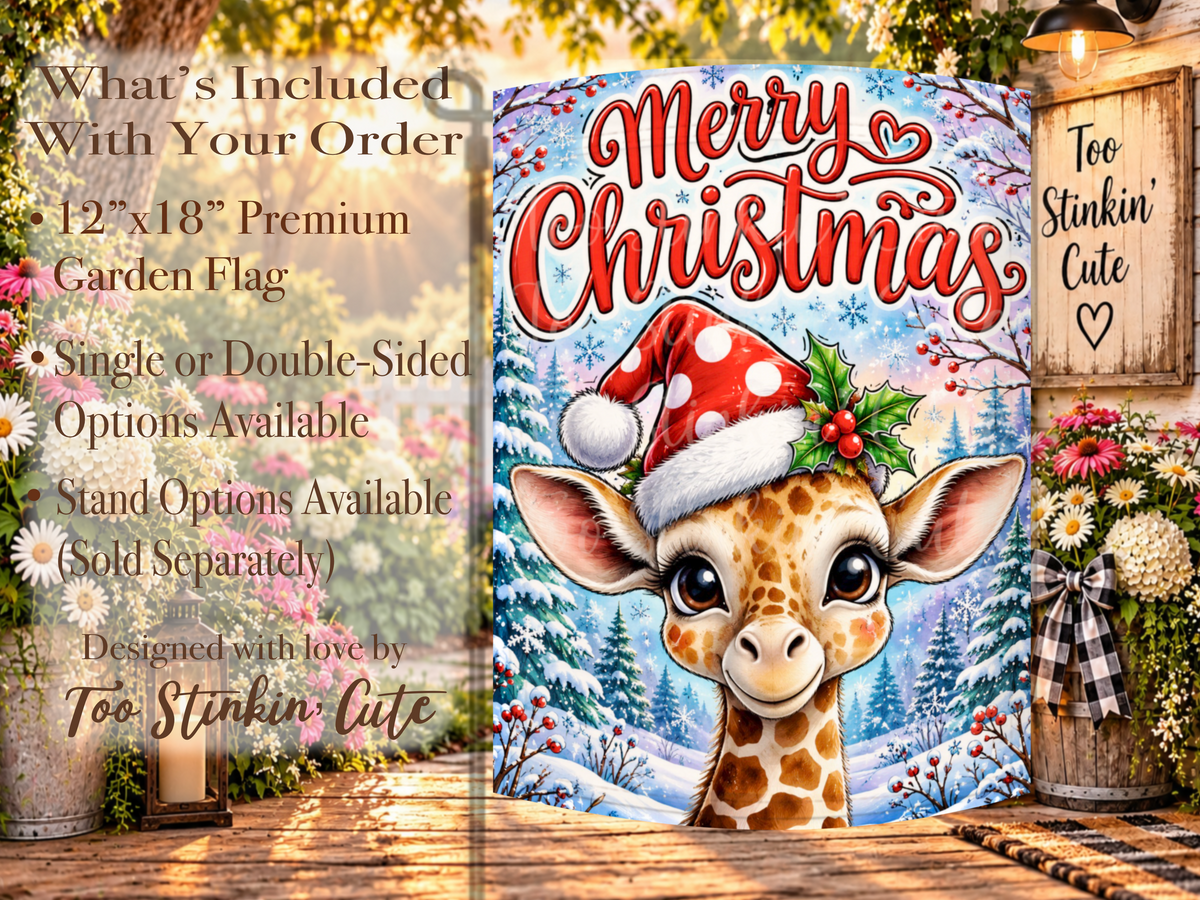 Cute giraffe holiday porch flag with a fluffy Santa hat, bright red berries, green holly leaves, and a colorful winter background.