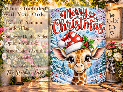 Cute giraffe holiday porch flag with a fluffy Santa hat, bright red berries, green holly leaves, and a colorful winter background.
