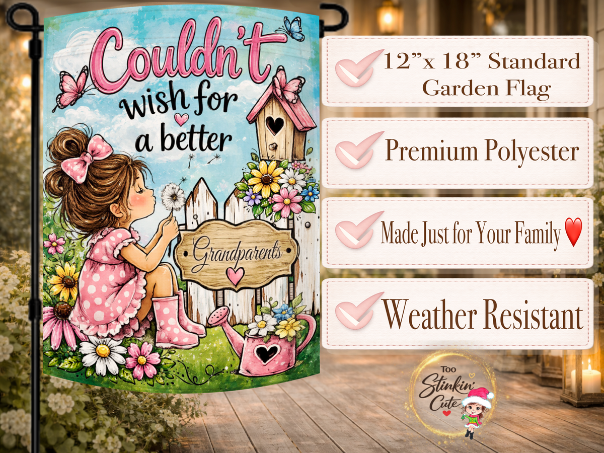 Personalized Grandma garden flag with a little girl making a wish in a colorful flower garden
