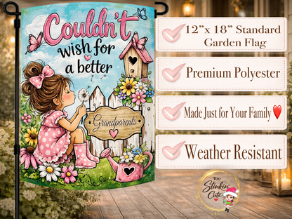 Personalized Grandma garden flag with a little girl making a wish in a colorful flower garden