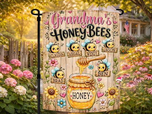 Personalized Grandma’s honey bees garden flag with six bees and grandchildren’s names