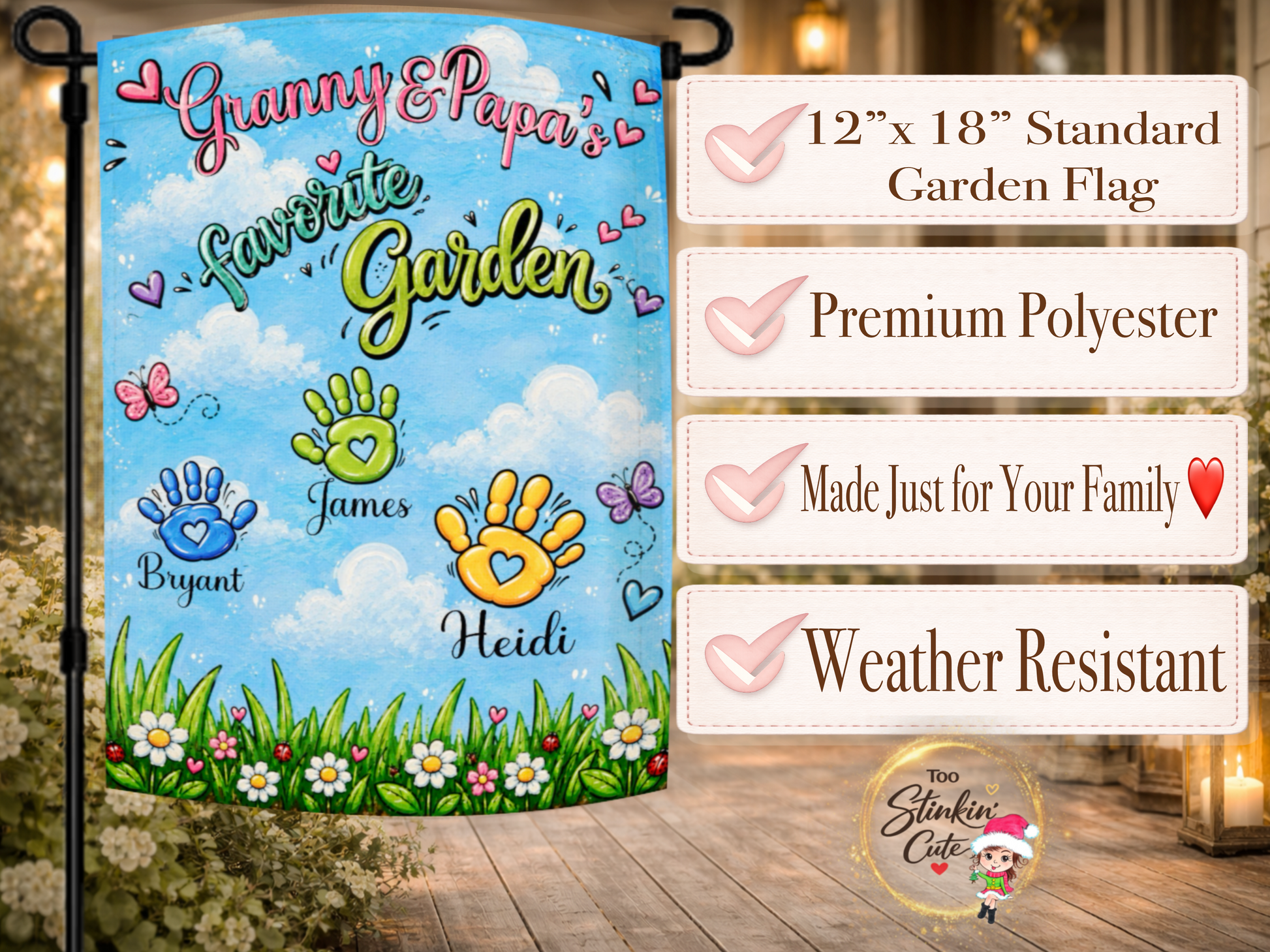 Personalized Nana’s favorite garden flag with flowers, butterflies, hearts, and custom names