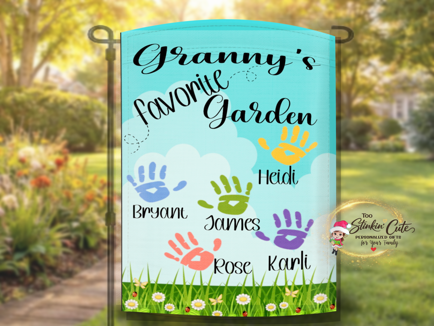 Custom family garden flag with children’s names and colorful prints