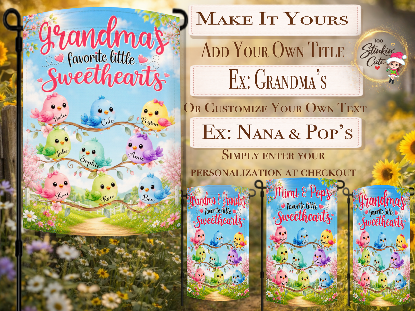 Custom grandmother garden flag featuring named birds on flowering branches