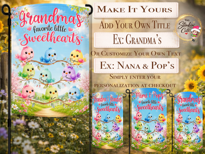 Custom grandmother garden flag featuring named birds on flowering branches