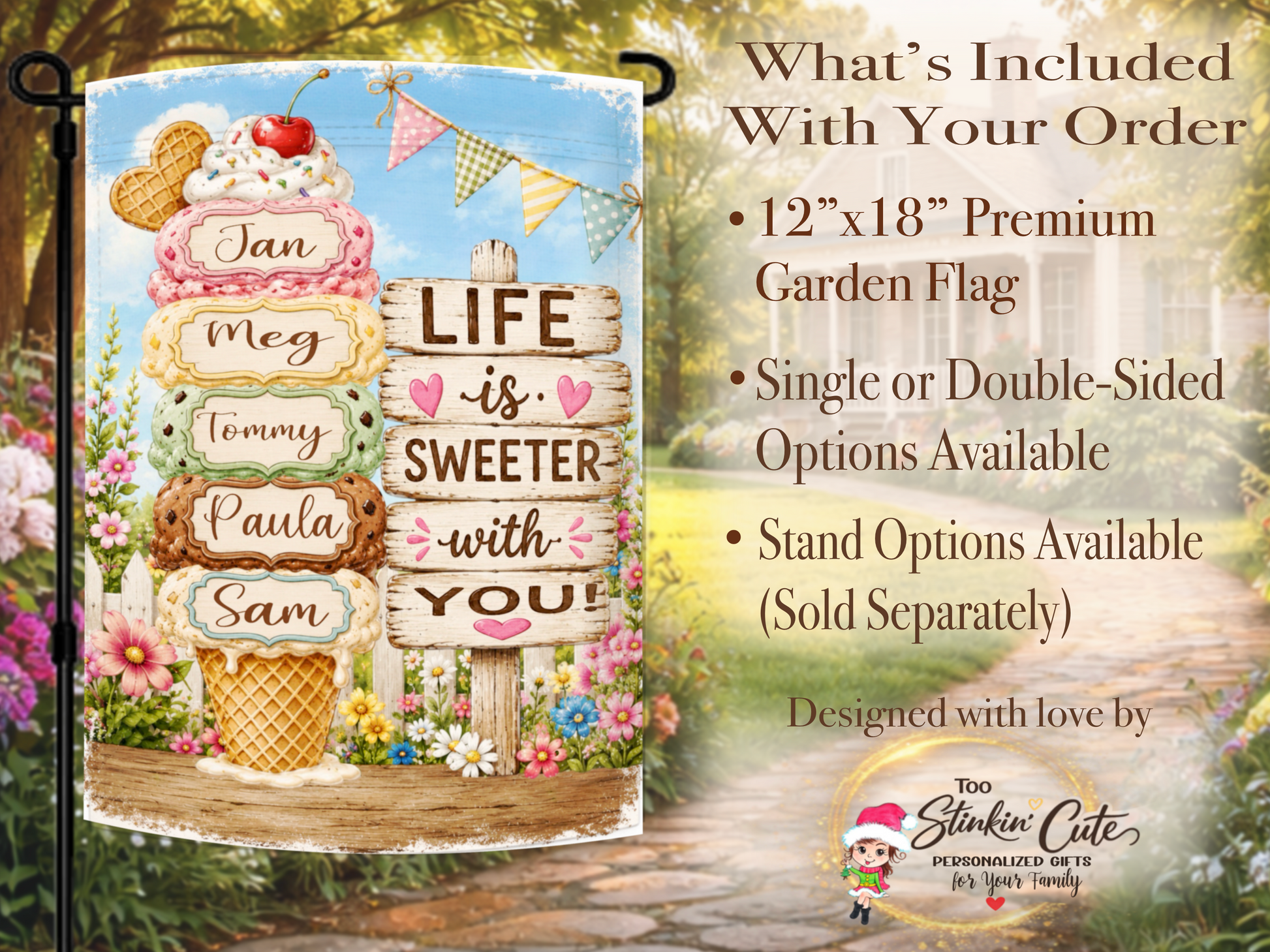 Summer personalized garden flag with custom names.