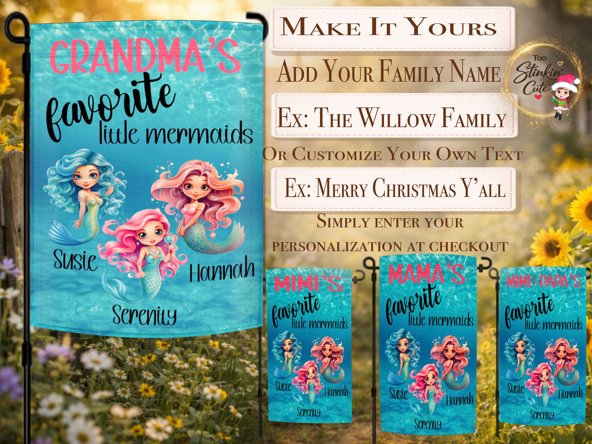 Custom mermaid garden flag with grandchildren names for Grandma