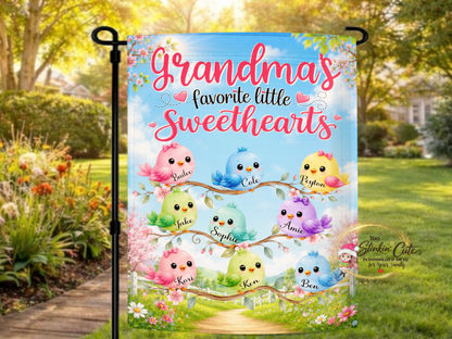 Personalized Grandma's Favorite Little Sweethearts garden flag with colorful birds