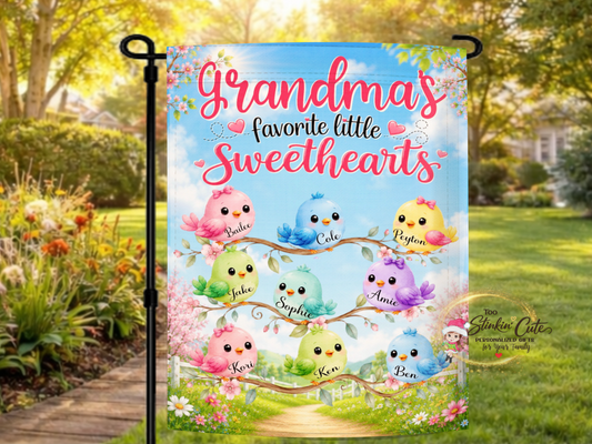 Personalized Grandma's Favorite Little Sweethearts garden flag with colorful birds