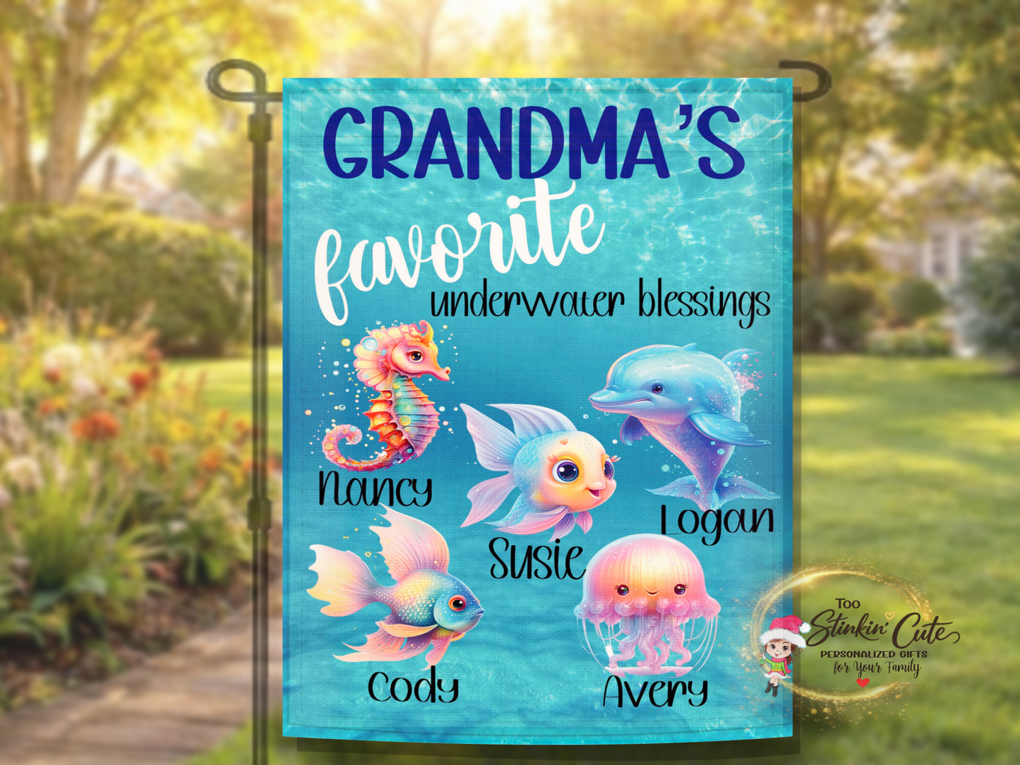 Cute ocean creature garden décor flag with custom names
