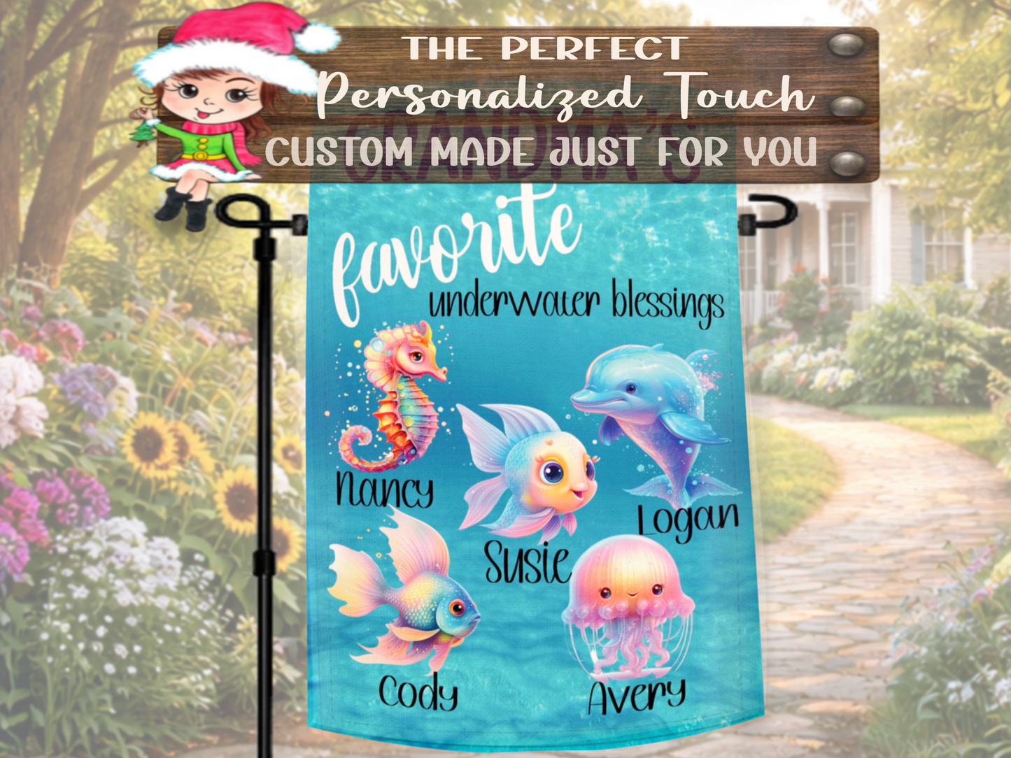 Beach inspired personalized family flag with ocean creature illustrations