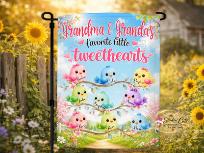 Personalized Grandma and Grandpa garden flag with colorful birds