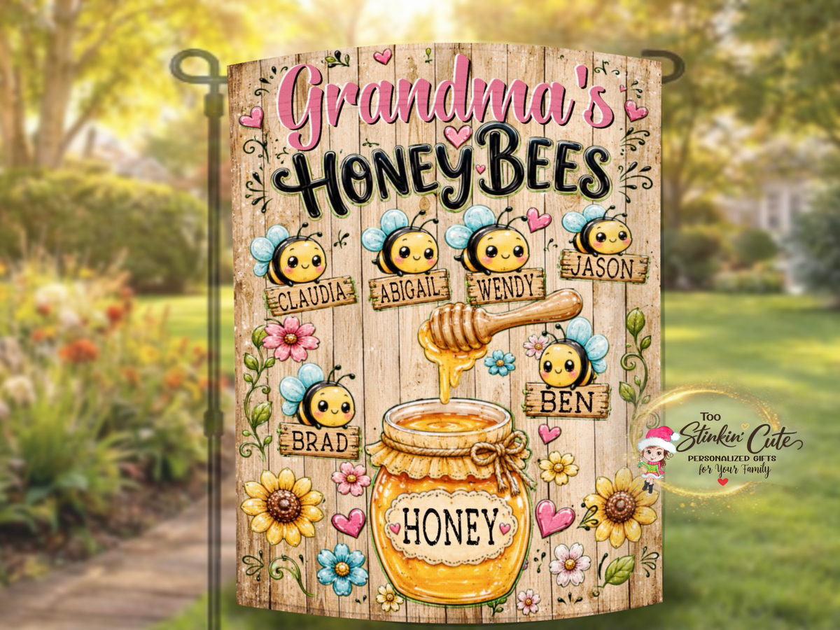 Grandma bee garden flag with children’s names, honey dipper, flowers, and rustic wood background