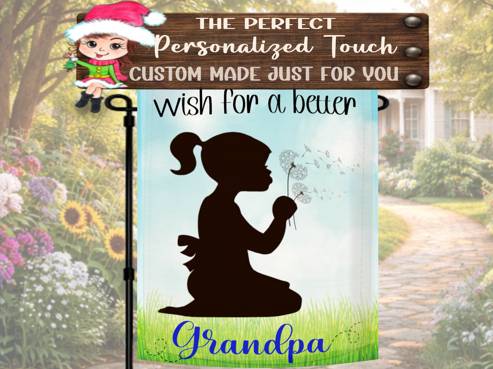 Rustic style Grandpa yard flag featuring child silhouette and wishes