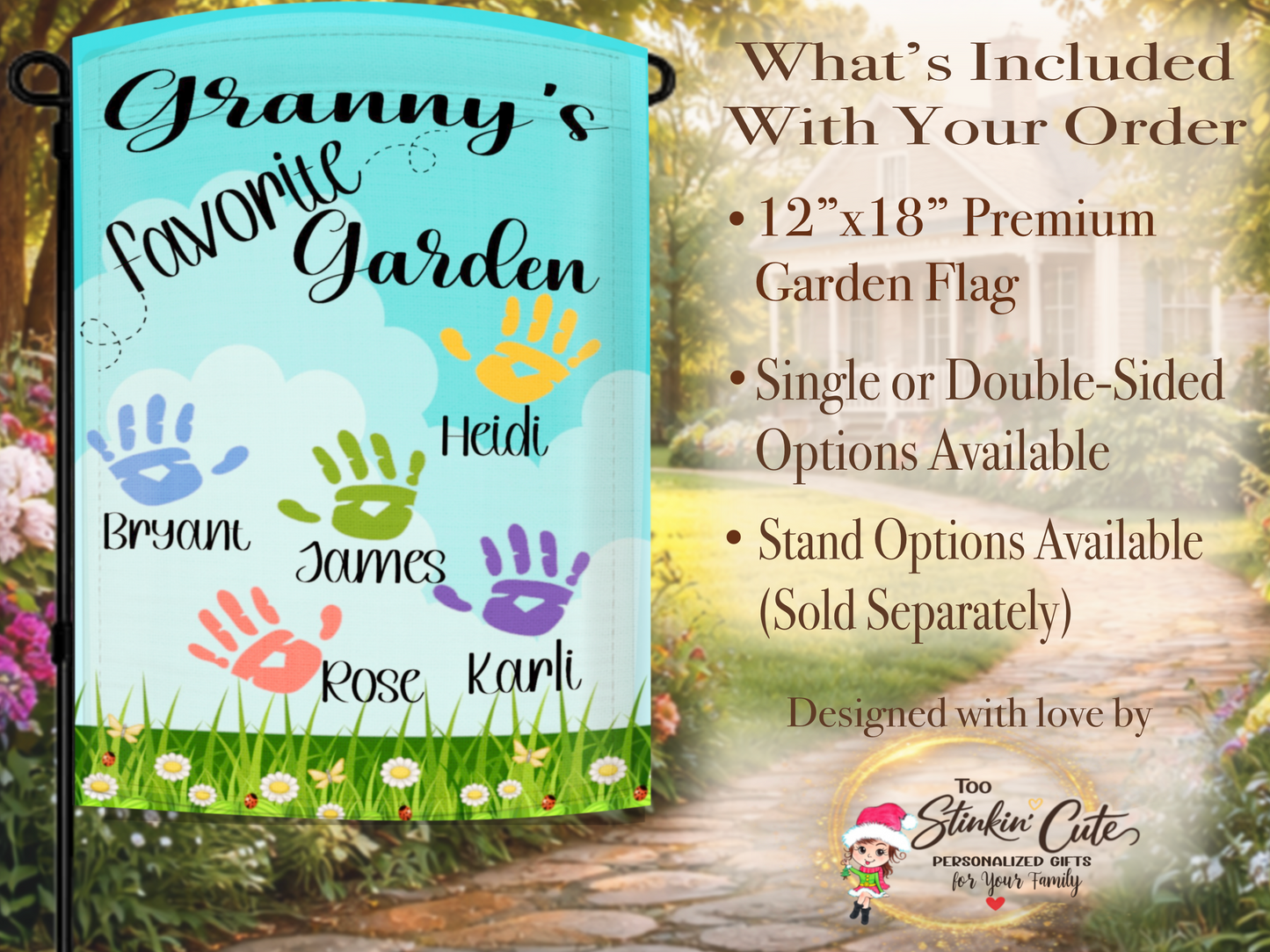 Sentimental family garden flag gift for Grandma with kids names