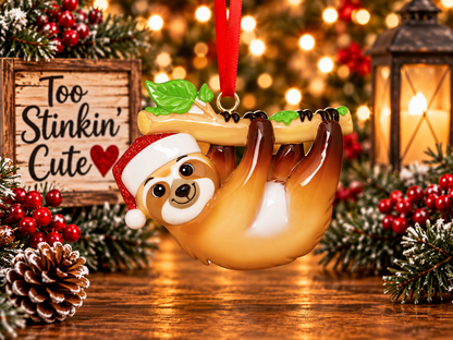 Cute Santa sloth resin ornament hanging upside down from a leafy branch