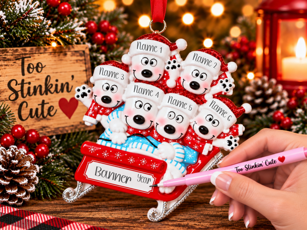 Custom family of 6 ornament with six polar bears riding together on a festive red sled.