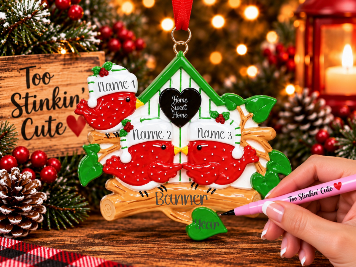 Custom family of 3 ornament with three red cardinals wearing festive Santa hats.