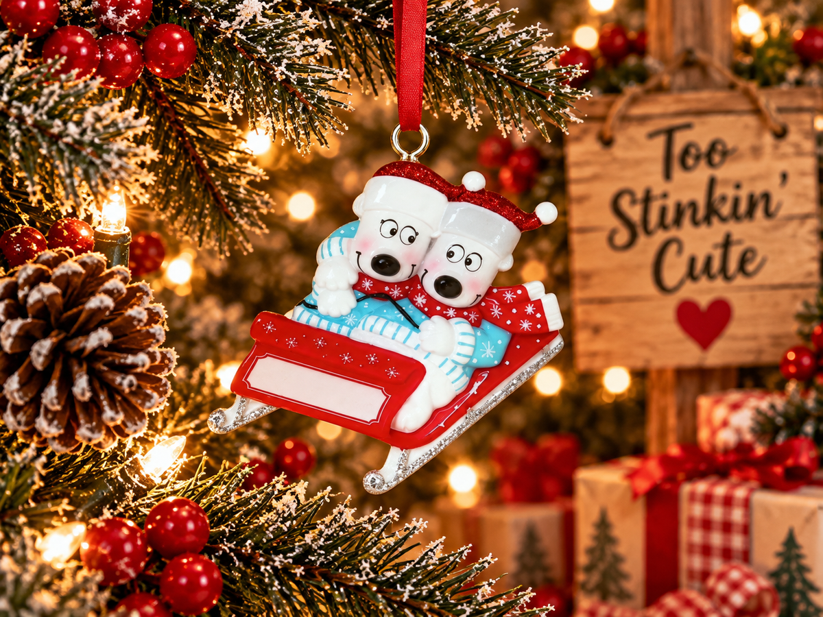 Custom first Christmas together ornament featuring a cute polar bear sled design.