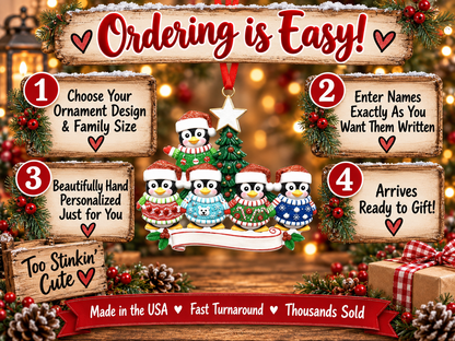 Personalized five-name Christmas ornament featuring penguins and a decorated tree.