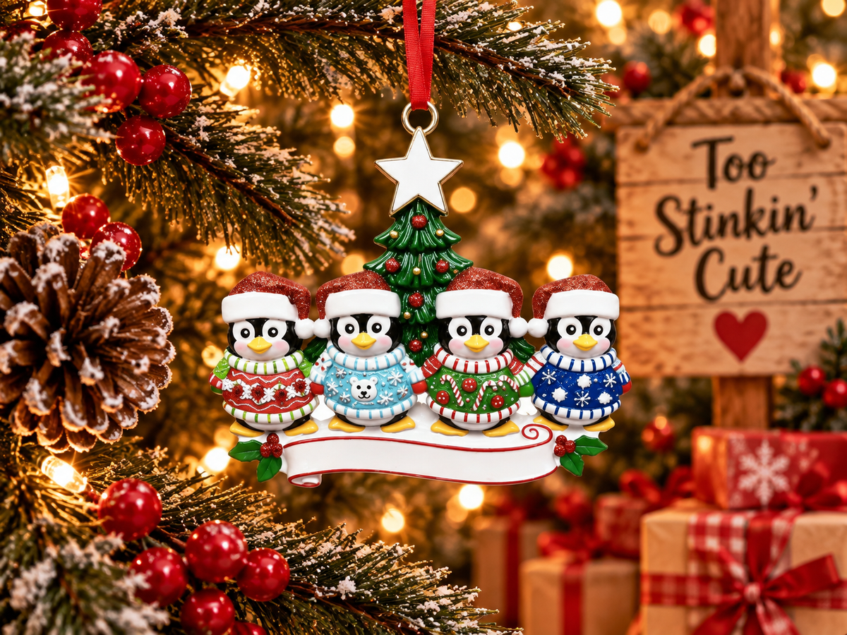 Personalized four-name Christmas ornament featuring penguins and a decorated tree.