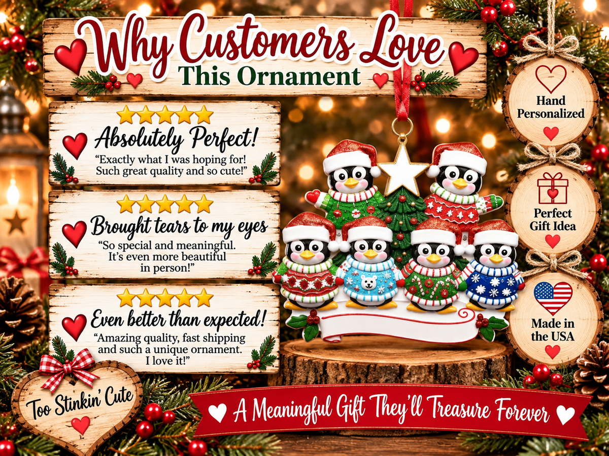 Family of six Christmas keepsake ornament with a star, banner, and solid-red ribbon.