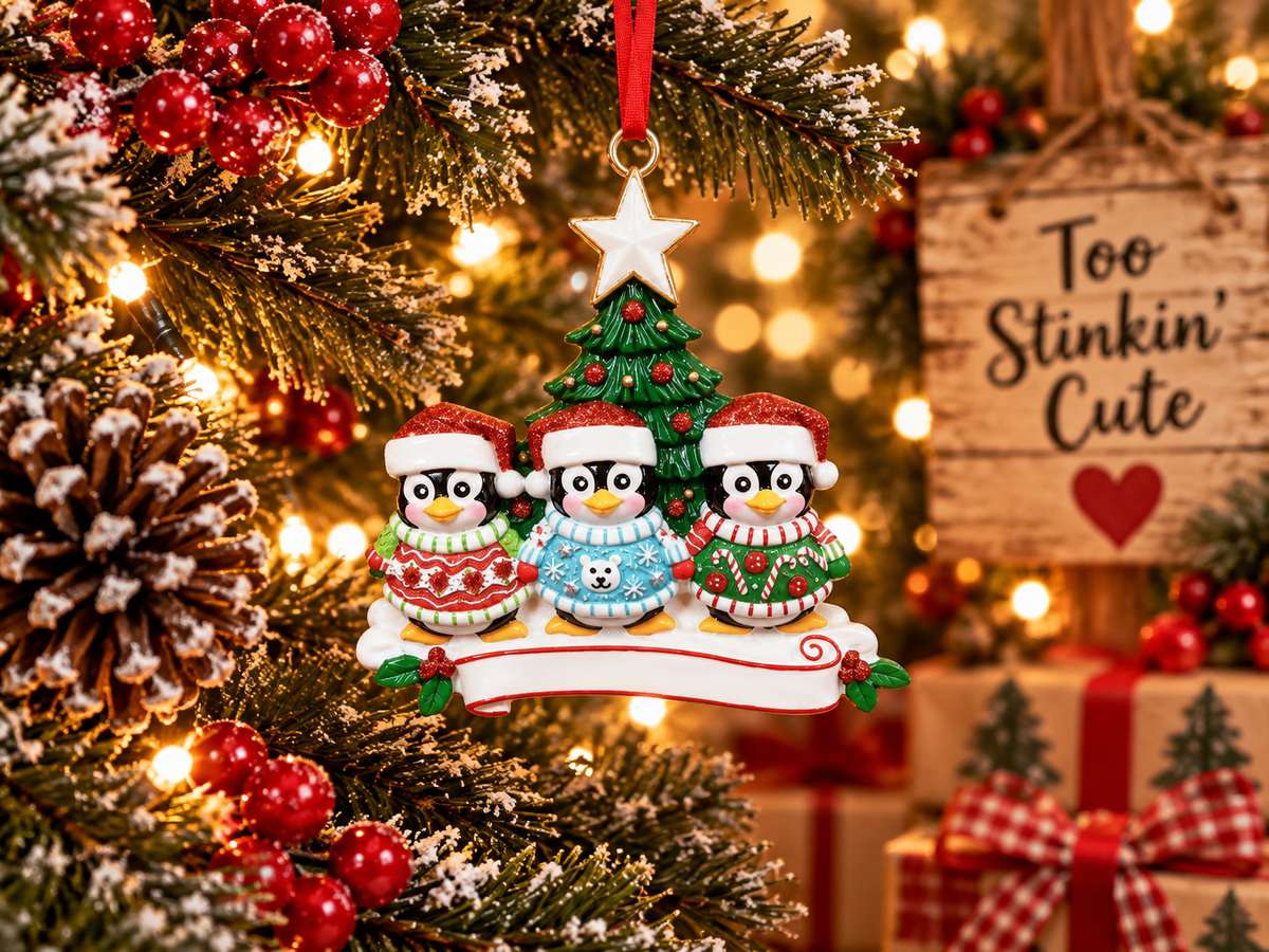 Family of three Christmas keepsake ornament with a star, banner, and solid-red ribbon.