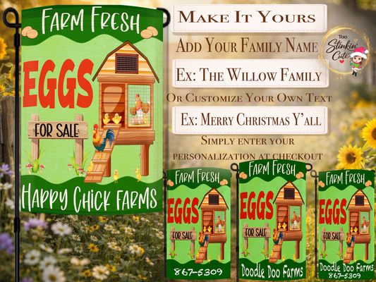 Rustic farmhouse egg stand flag featuring chickens and coop