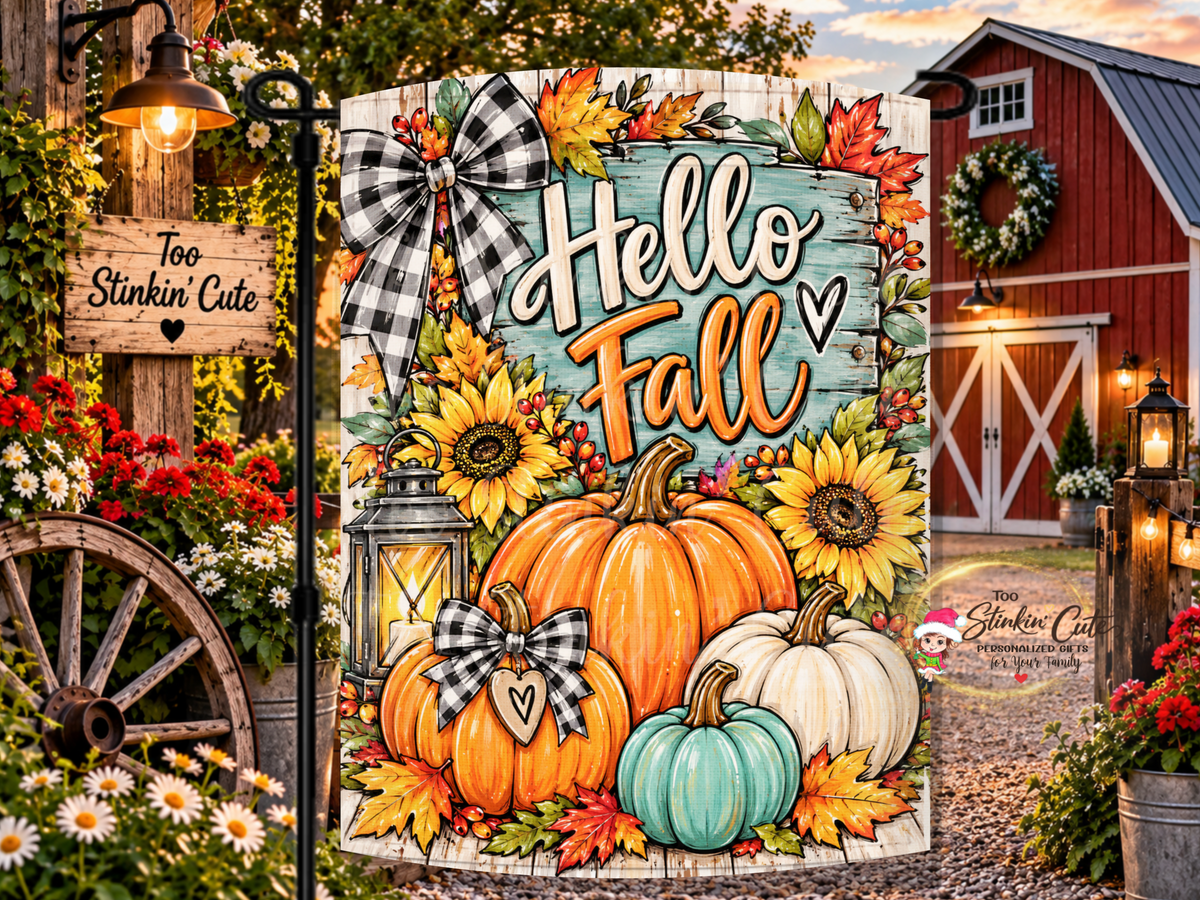 Hello Fall garden flag featuring colorful orange, white, and teal pumpkins with sunflowers and autumn leaves.