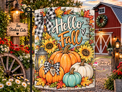 Hello Fall garden flag featuring colorful orange, white, and teal pumpkins with sunflowers and autumn leaves.
