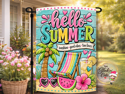 Hello Summer tropical garden flag with colorful beach chair.