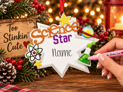 Custom name science ornament featuring an atom, planet, laboratory flask, and stars