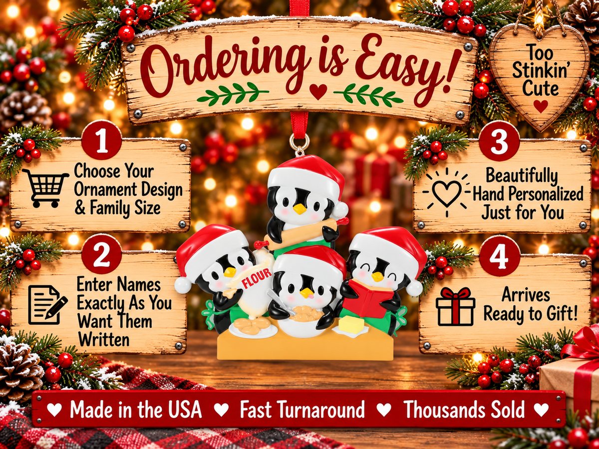 Penguin Christmas ornament with one penguin above three others gathered around a baking counter.