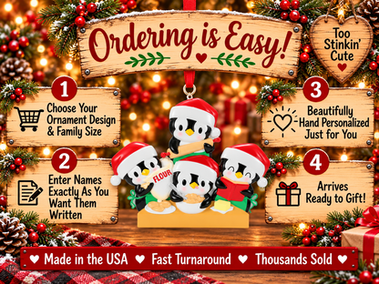 Penguin Christmas ornament with one penguin above three others gathered around a baking counter.