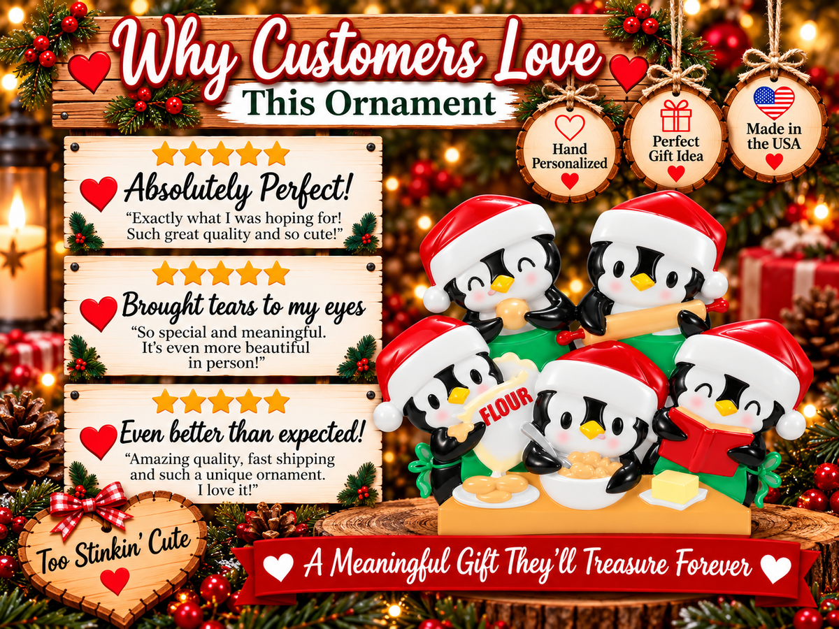 Penguin baking ornament with black and white figures, pink cheeks, yellow beaks, and a red hanging ribbon.