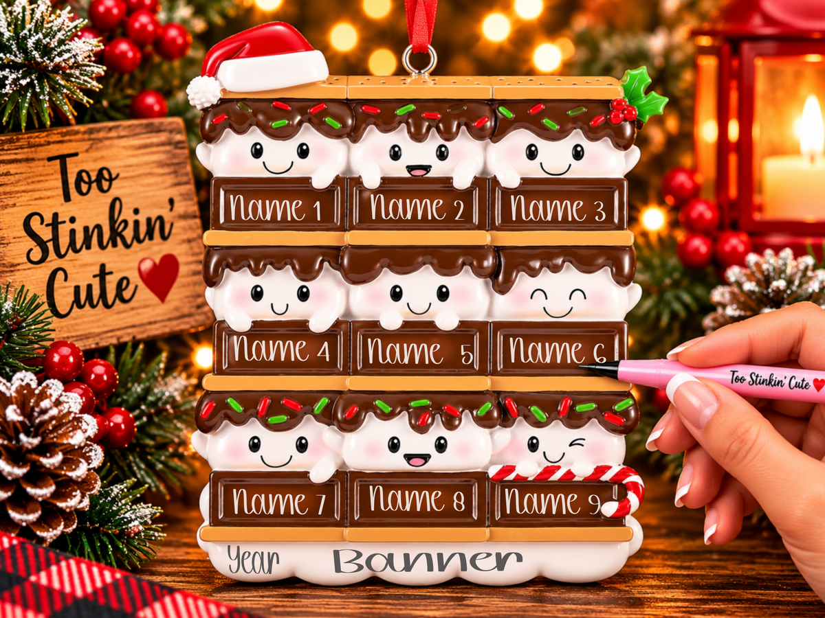Nine marshmallow characters above chocolate bars, layered with golden graham crackers.
