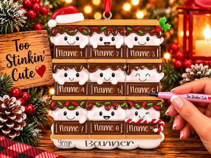 Nine marshmallow characters above chocolate bars, layered with golden graham crackers.