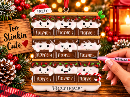 Nine marshmallow characters above chocolate bars, layered with golden graham crackers.